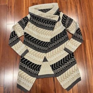 Polka.Dot Black Tan Sweater Asymmetrical Wrap Front Cardigan Cowl Stripe Sz‎ M